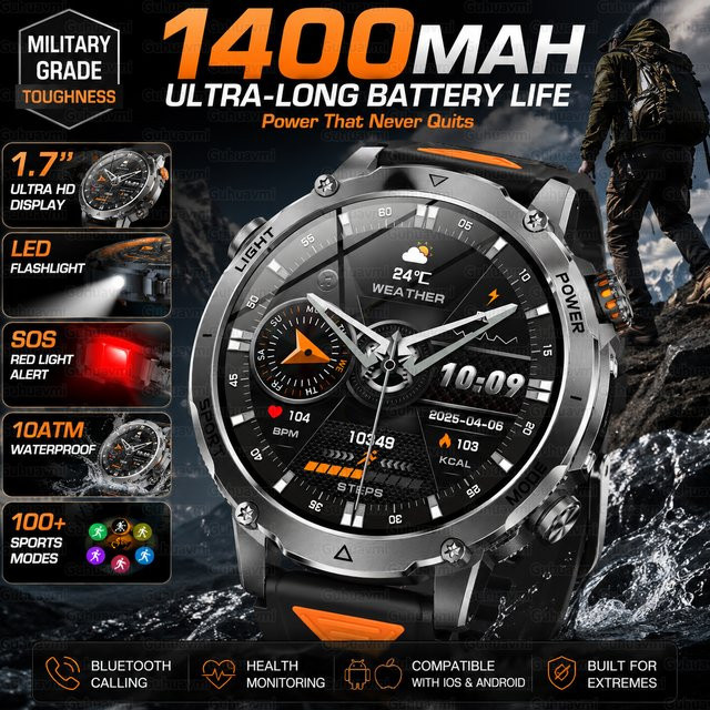 GUHUAVMI Militär-GPS-Smartwatch für Herren mit 1,7 Zoll AMOLED-Bildschirm, 1400mAh Akku, 10ATM Wasserdicht, SOS-Anruf und Taschenlampe, kompatibel mit iOS, Schwarz/Orange - Bild 1