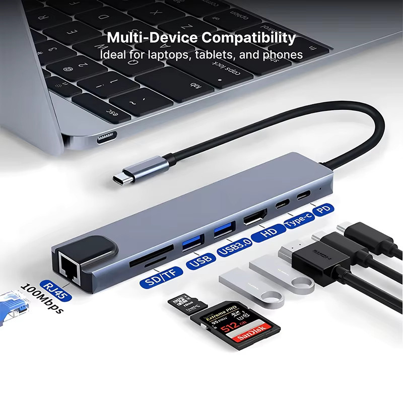 KOJESHUN 8 in 1 USB-C Hub Adapter mit 4K HDMI, RJ45 Ethernet, SD/TF Kartenleser und PD Schnellladefunktion für MacBook und Laptop - Bild 2