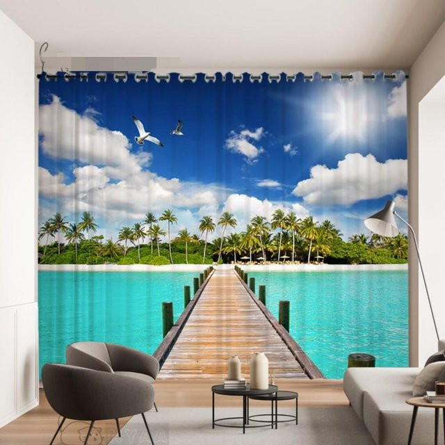 A Family Of Home Textiles 3D Vorhang mit Maldivien Strand und Meerblick, 2 Paneele, Blau/Mehrfarbig, B: 50 cm, H: 50 cm - Bild 1