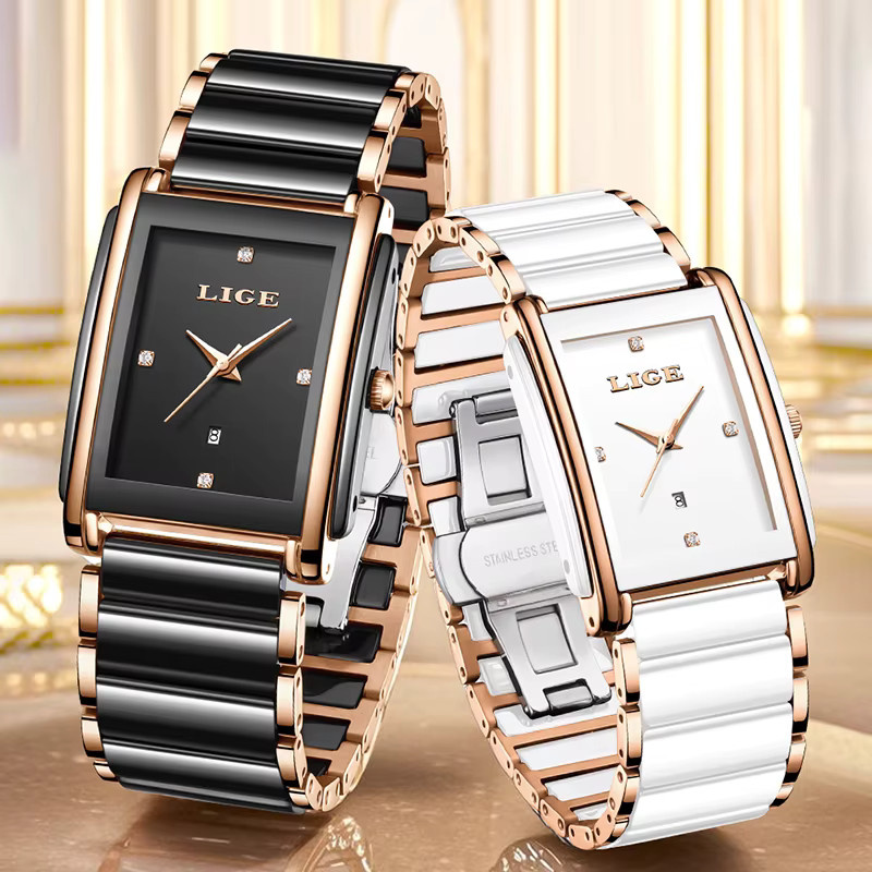 LIGE Armbanduhr Keramik, Quarz, Eckig, Diamantbesetzt, Schwarz, Damen - Bild 2