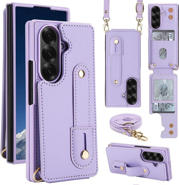 Kompatible Samsung Z Fold7 Crossbody Hülle in Purple mit Handgelenkschlaufe und Kartenhalter, passend für Fold6, Fold5 und Fold4 - Bild 1