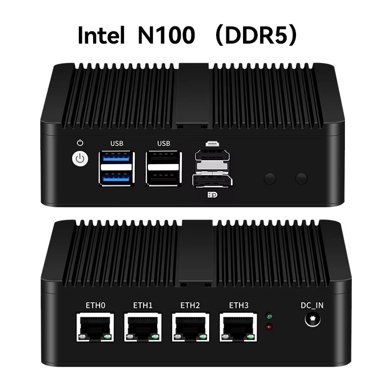 XCY Lüfterloser Mini-PC mit Intel Prozessor, 4x 2.5G Ethernet, Thin Client in Schwarz, unterstützt Windows und Linux - Bild 1