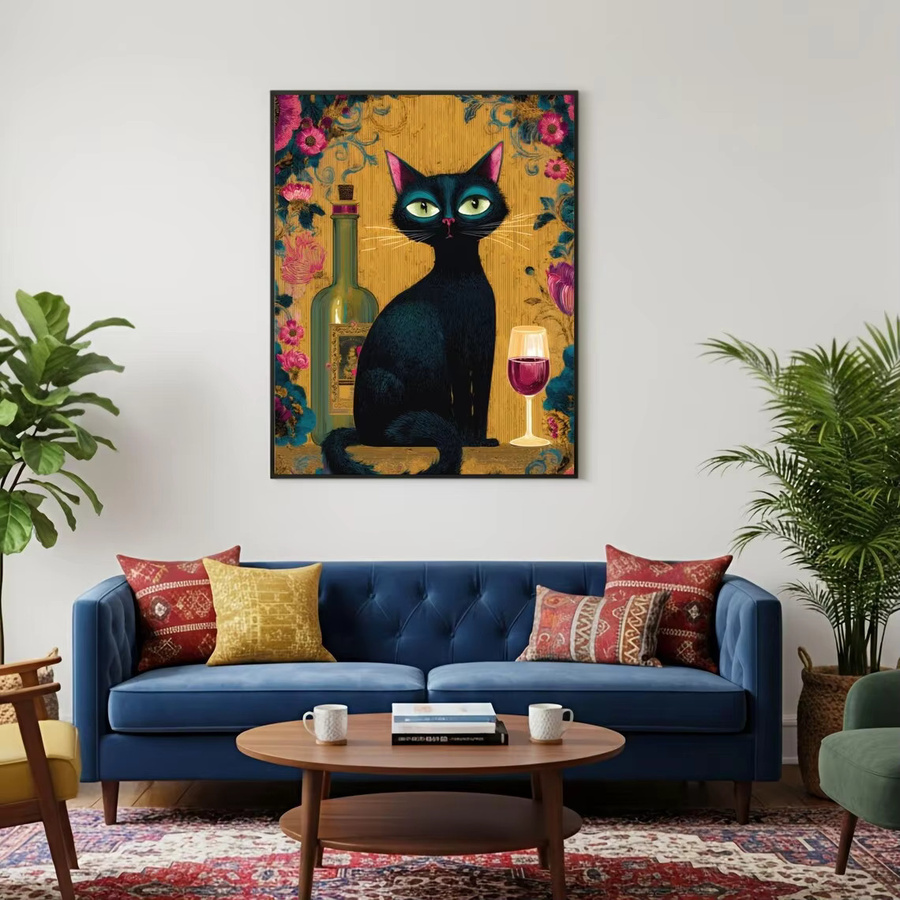 Kunstdruckplakat mit schwarzer Katze und floralem Muster von SHENCHEN, buntes Vintage-Tierposter aus Papier - Bild 2