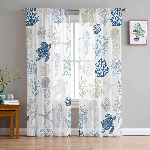 Yiran Furniture Ozean Strand Vorhänge mit Seestern und Muschel Motiv in Blau, 2er-Set aus semi-transparentem Tüll, Breite: 135 cm, Höhe: 185 cm - Bild 1