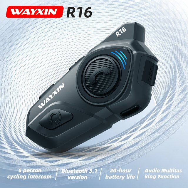 WAYXIN R16 Motorrad-Bluetooth-Helm-Headset mit 6-Fahrer-Intercom, Multitasking-Audio, FM und GPS, Schwarz - Bild 1