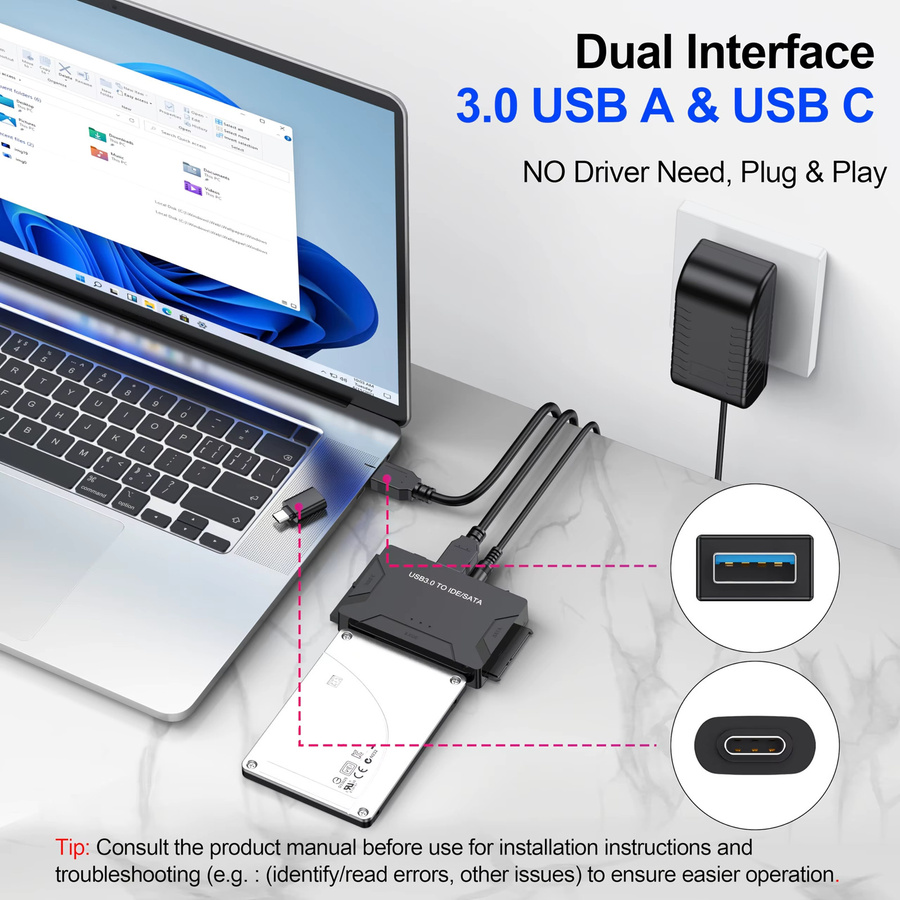 Congdi USB 3.0 IDE SATA Adapter, universelles Festplattenleser-Kit für 2,5 und 3,5 Zoll HDD/SSD, externer Festplattenadapter für PC und Macbook, Farbe: Schwarz - Bild 2