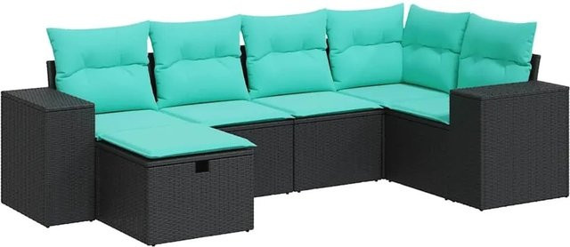 vidaXL 6-teilige Garten-Sofagarnitur in L-Form aus Poly-Rattan mit Kissen in Schwarz und Blau - Bild 1