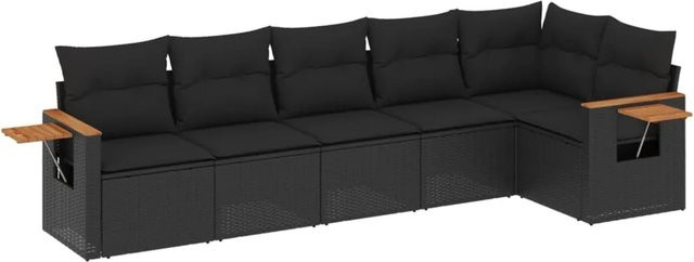 vidaXL 6-tlg Garten-Sofagarnitur in L-Form aus Poly-Rattan und Akazienholz mit Kissen in Schwarz - Bild 1