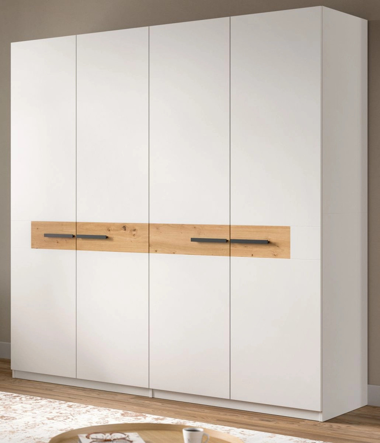 Kleiderschrank Palina 4-türig in Weiß und Eiche, B/T/H: 200 x 55 x 201 cm - Bild 1