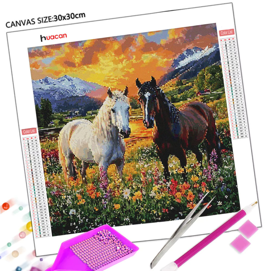Huacan 5D DIY Diamantmalerei Pferde in Grasland-Blumen-Landschaft, Rundes Strass-Stickbild in Mehrfarbig - Bild 2