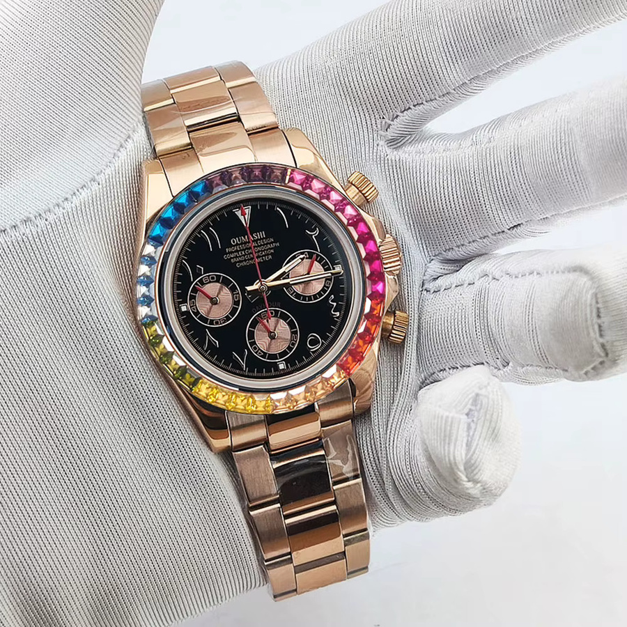 OUMASHI Chronograph, Edelstahl, Roségold, Regenbogenlünette, 39,3 mm, Herren - Bild 2