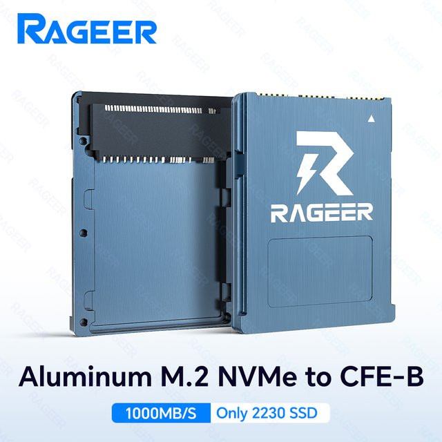 RAGEER Aluminium M.2 2230 NVMe SSD zu CFExpress Typ-B Adapterkarte in Silber und Blau, kompatibel mit Canon R3/R5C sowie Nikon Z6/Z7/Z8/Z9/D6 - Bild 1