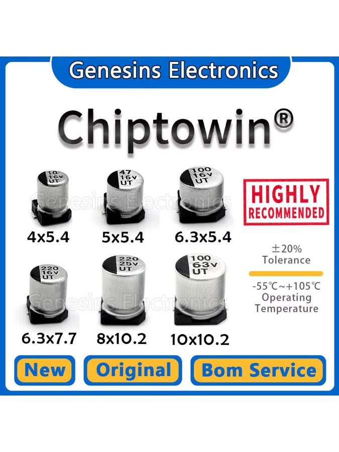 Chiptowin SMD Aluminium-Elektrolyt-Kondensatoren Set mit niedrigem ESR, 100 Stück, verschiedene Kapazitäten und Spannungen von 4,7UF bis 470UF sowie 10V bis 100V - Bild 2