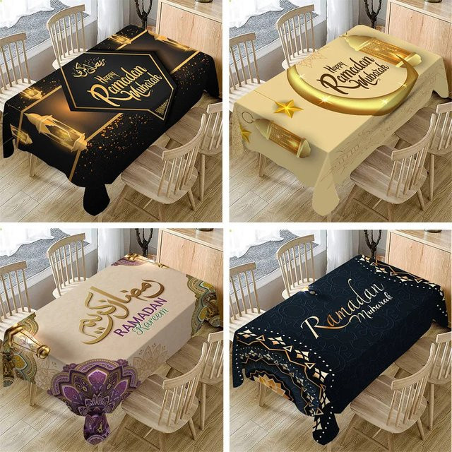 VIKAMA Ramadan Tischdecke mit Kareem-Motiv, rechteckige Leinentischdecke in orientalischem Design für deine Feiertagsdekoration - Bild 1