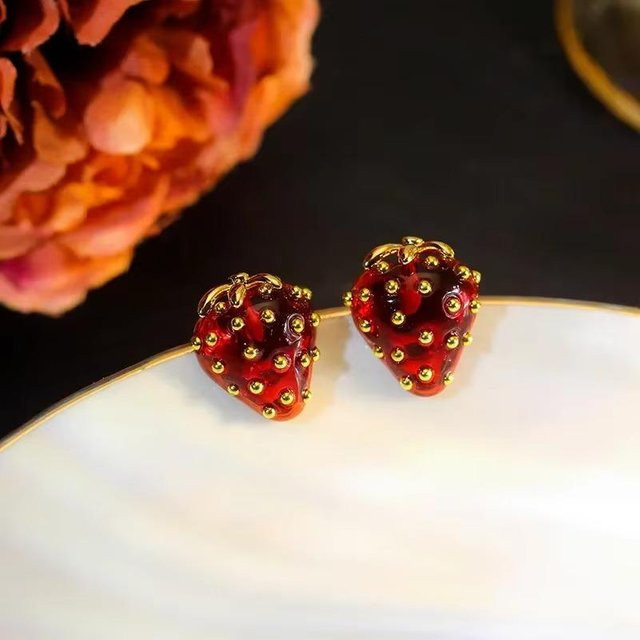 Steckohrringe Erdbeer, Rote Zirkonia, Gold, Messing, Damen - Bild 1