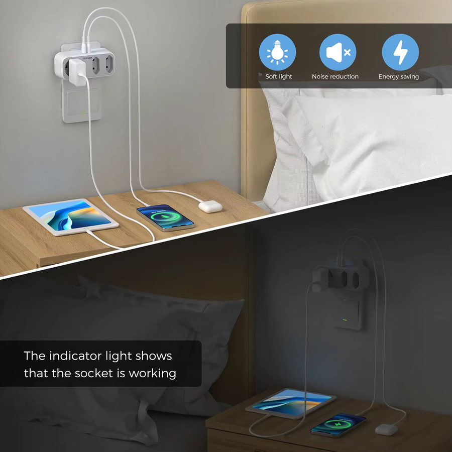 TESSAN Multi-Wandsteckdosen-Extender in Weiß mit 2 USB-Anschlüssen, 2 Euro-Steckdosen und 1 Schuko-Steckdose - Bild 3