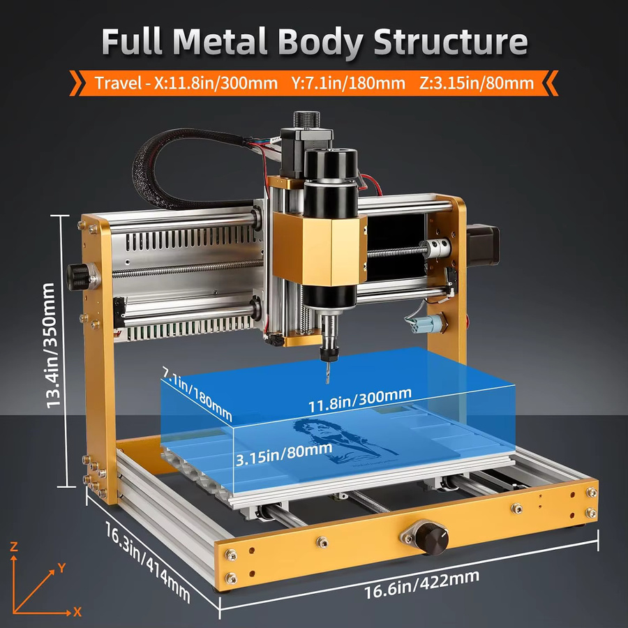 LUNYEE CNC3018PRO 3-Achsen Ganzmetall-CNC-Fräsmaschine mit 500W Motor, Endschaltern, Not-Aus und GRBL Offline-Steuerung in Gold - Bild 3