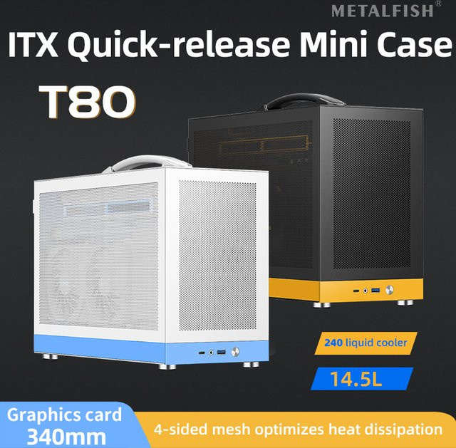 METALFISH T80 ITX Mini-PC-Gehäuse in Schwarz mit Schnellverschluss-Mesh, 14,5 l, unterstützt SFX-Netzteil, 340 mm GPU und 240 mm Flüssigkeitskühler - Bild 1