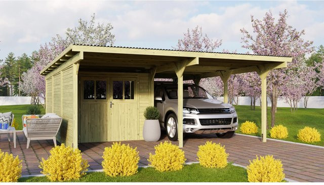 Karibu Doppelcarport Eco 2 mit Abstellraum in Mittel, B/T/H: 268 x 576 cm, inklusive 1 Seitenwand und 1 Rückwand - Bild 1