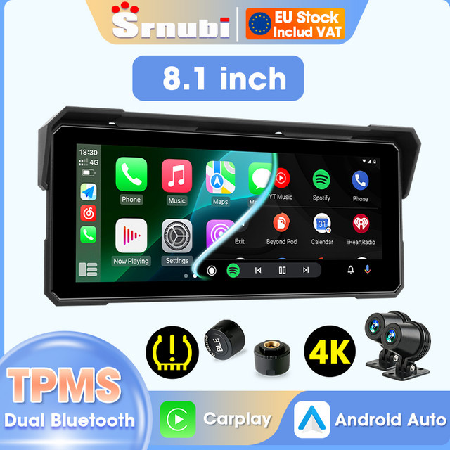 Srnubi Tragbares Motorrad GPS-Navigationssystem mit 8,1 Zoll Display, Wireless CarPlay und Android Auto, IPX7 wasserdicht, Schwarz - Bild 1