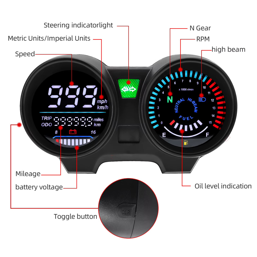 MAIMEIMI LED Digital Dashboard Motorrad Tachometer RPM Meter in Schwarz für Honda CG 125, TITAN 150, CG 150 und Fan 150 - Bild 2