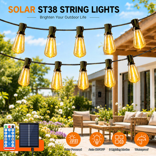 Solar-LED-Lichterkette für den Außenbereich mit ST38 Glühbirnen, wasserdicht und bruchsicher, inklusive Haken für Garten, Terrasse oder Camping - Bild 1