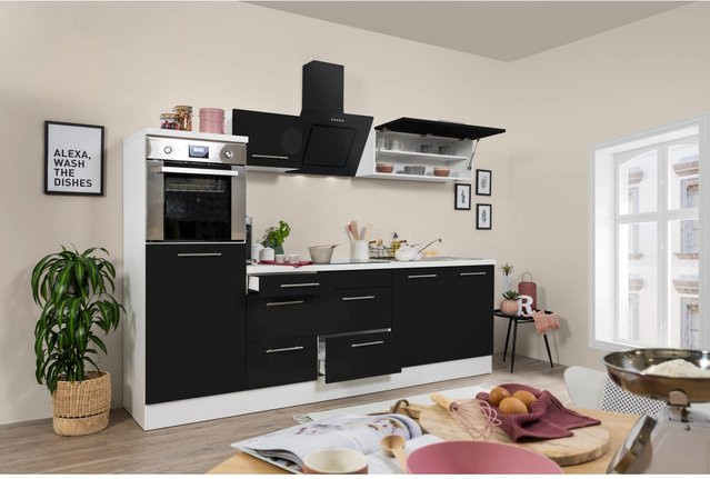 Respekta Premium Küchenzeile Hochbau modern in Schwarz Hochglanz und Weiß mit Soft-Close-Türen, B/T/H: 270 x 54 x 91 cm - Bild 1
