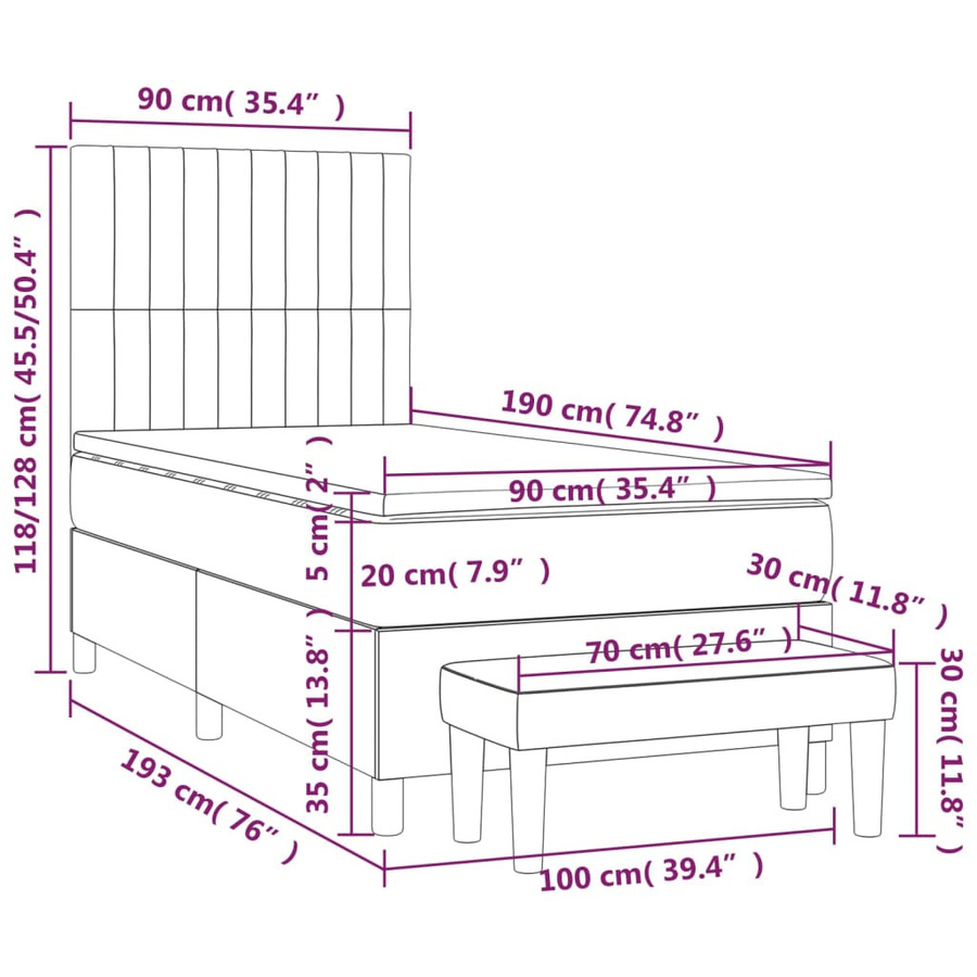 vidaXL Boxspringbett mit Matratze Hellgrau B/T/H: 90 x 190 x 128 cm - Bild 3