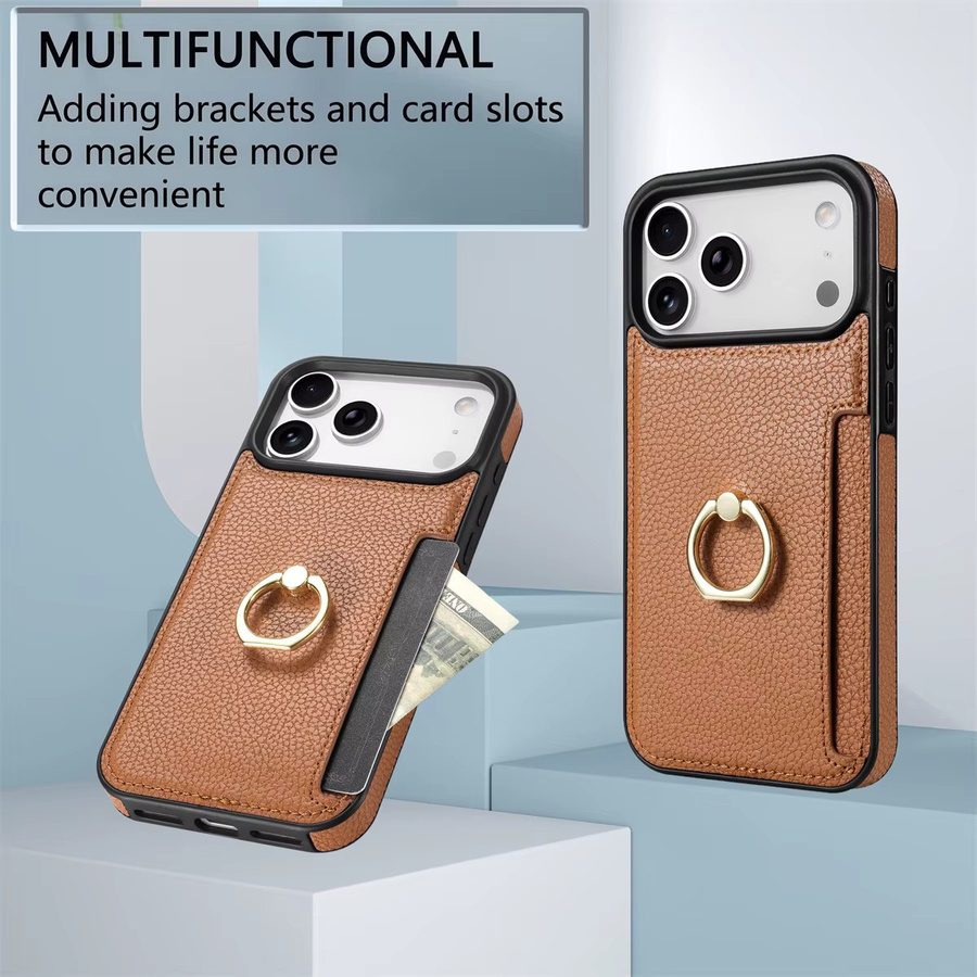 Leder Brieftasche und Kartenetui mit Ringhalter als Schutzhülle für iPhone 11 bis iPhone 17 Pro Max in Orange und Braun - Bild 3