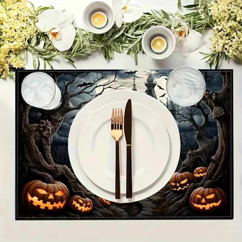 VIKAMA Halloween Tischsets aus Leinen mit Grusel-Schloss und Kürbis-Design für deine Heimdekoration - Bild 2