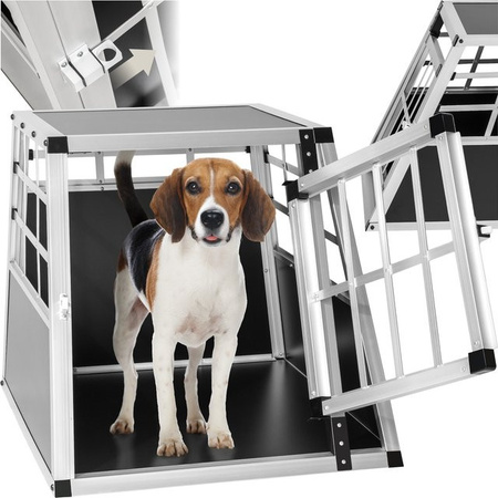 tectake Hundetransportbox Single aus Aluminium und Holz mit gerader Rückwand und Gittertür, Schwarz, B: 54 cm, T: 69 cm, H: 50 cm
