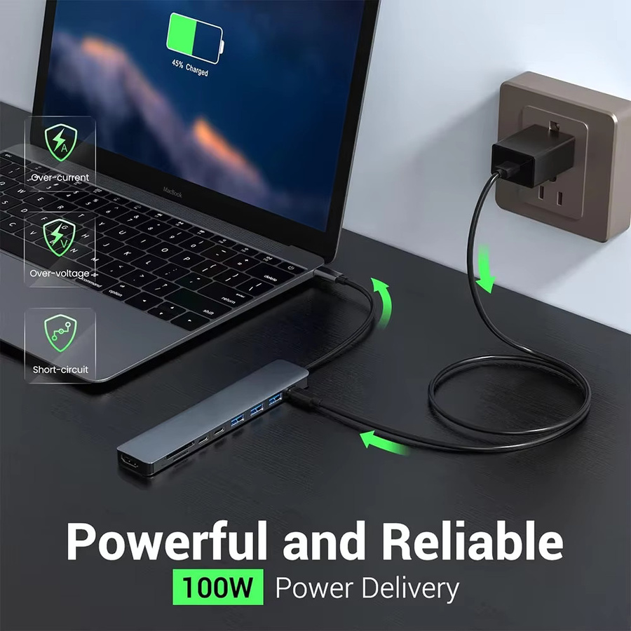 KEBIDUMEI 9-in-1 USB-C Dockingstation mit HDMI und 3 USB-Anschlüssen, Dual Typ-C Hub und OTG-Adapter in Grau - Bild 2
