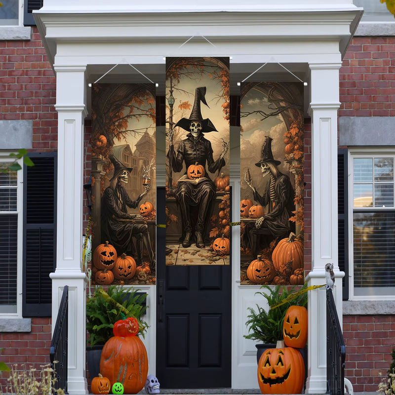 3er Set Vintage Halloween Dekoration Banner mit Horror Porträts von Mann, Schädel und Geist als Hintergrund für deine Villa - Bild 4