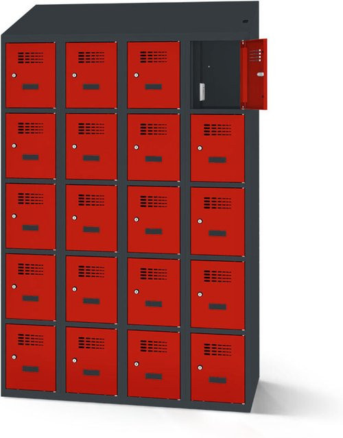 rotstahl Fächerschrank mit 20 Fächern und Ladefunktion, Farbe Rot, Korpus Anthrazitgrau, B: 120 cm, H: 200 cm - Bild 1