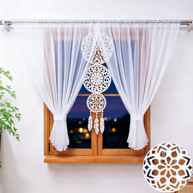 2er-Set FLYINGCURTAINS transparente Chiffon-Vorhänge in Weiß mit Traumfänger-Anhänger und Stangeneinsatz im Boho-Stil - Bild 1