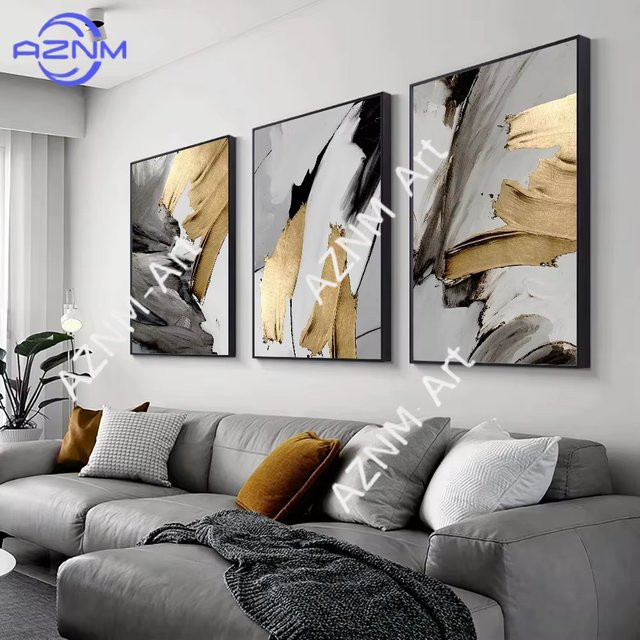 AZNM Abstrakte Leinwandbilder Set Grau-Gold Modernes Wandgemälde für Wohnzimmer und Büro - Bild 1