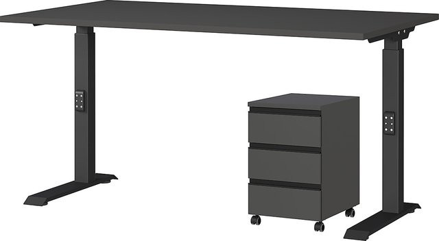 KADIMA DESIGN Büromöbel Set 2-teilig bestehend aus höhenverstellbarem Schreibtisch und Rollcontainer in Graphit, B/T: 140 x 80 cm - Bild 1