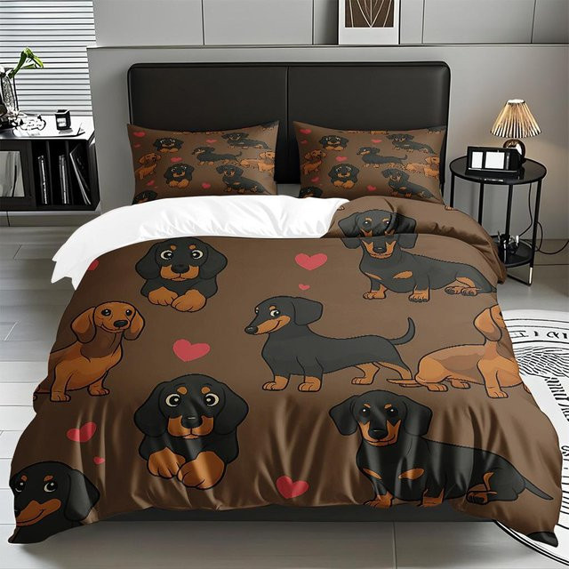 Bettwäsche-Set mit Dackel Hund Cartoon Motiv, buntes Polyester Microfaser Bettbezug-Set mit Kissenbezügen, Farbe: Braun/Mehrfarbig, B/H: 90 x 200 cm - Bild 1
