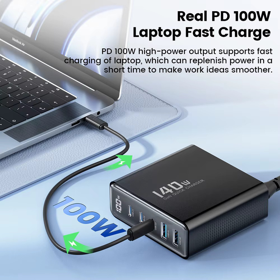 Toocki 140W GaN Desktop Ladestation mit USB-C, Digitalanzeige und Schnellladung PD3.0/QC4.0, Schwarz - Bild 3