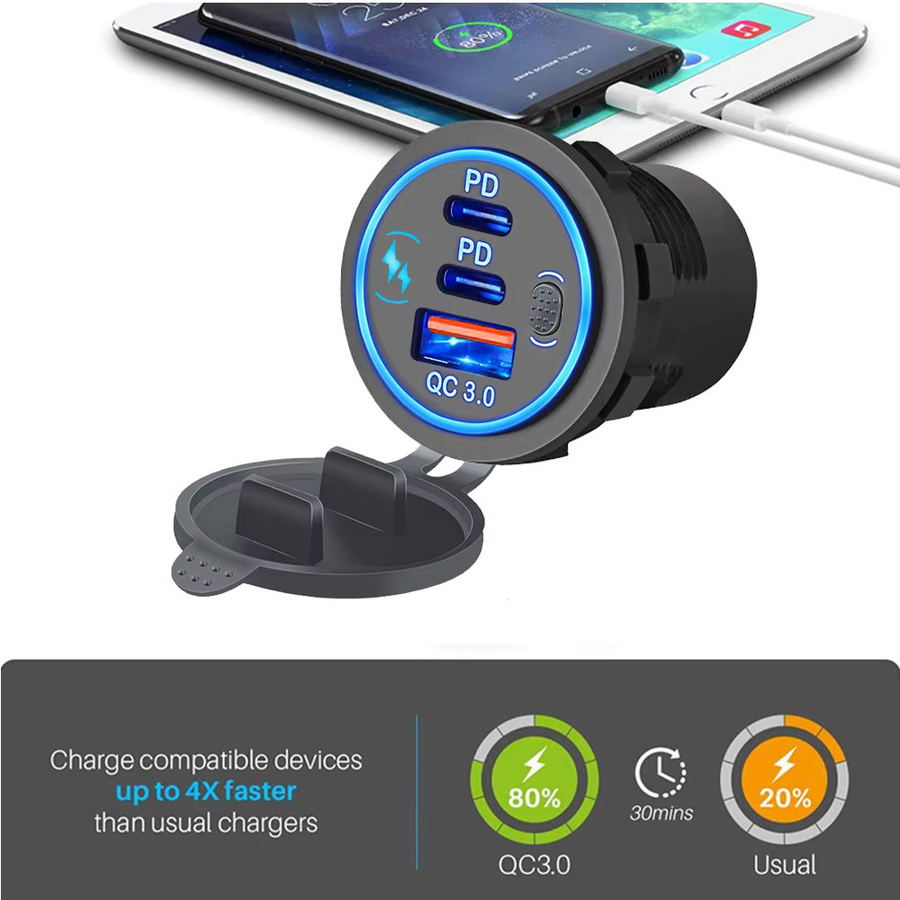 Velev Auto Ladegerät mit Doppel-USB-C-Anschlüssen PD 3.0 und QC 3.0, 78W Schnellladung, Wasserdicht mit LED-Touch-Schalter, Schwarz, 12V/24V für Motorrad-Adapter - Bild 3