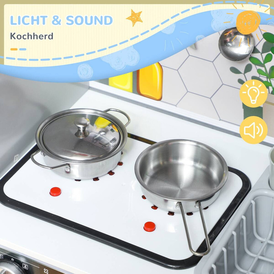 AIYAPLAY Kinderküche Spielküche mit Licht und Sound, Kochherd, fließendes Wasser, Kaffeemaschine, Kühlschrank und Mikrowelle, Weiß, B/H/T: 29,7 x 100,9 x 80 cm - Bild 5