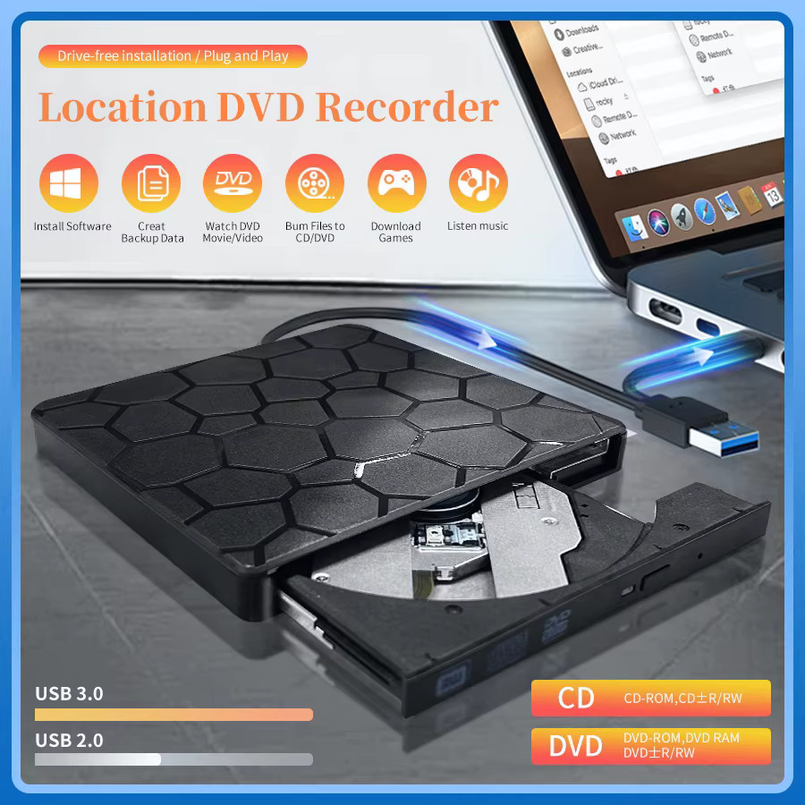 Muzisn 2-in-1 Externes DVD-RW-Laufwerk mit USB-C Schnittstelle, DVD-CD-Brenner und Lesegerät in Schwarz - Bild 5