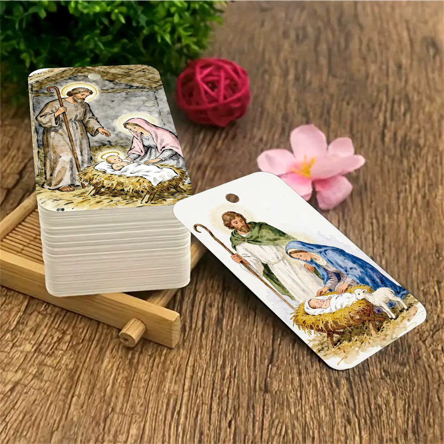 50 Stück religiöse Jesus-Krippe Hängeetiketten aus Papier in Mehrfarbig für Weihnachten, Ostern und Taufe mit Seil und Geschenkverpackung - Bild 2