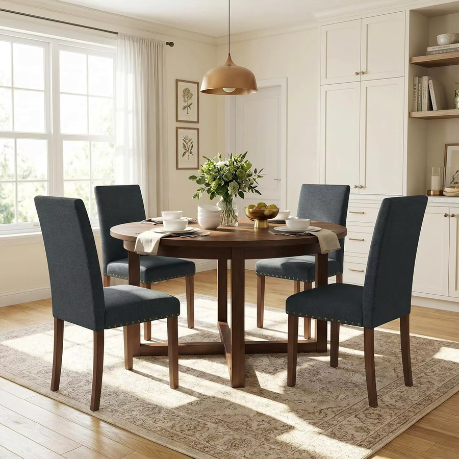 Gepolsterte Esszimmerstühle im Tufted Parsons Design mit Nagelkopf-Verzierung und Massivholzbeinen in Beige - Bild 1