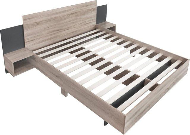 okwish Massivholz Doppelbett mit 2 Nachtkommoden in Grau, Dunkelgrau oder Braun, B/T/H: 160 x 200 x 76,5 cm - Bild 1