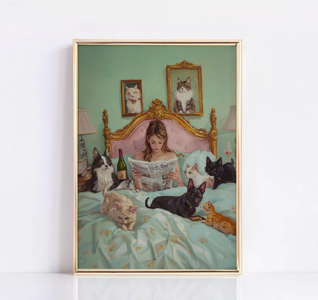 Vintage Wandkunst von SHENCHEN mit Katzenmotiv und Porträt einer lesenden Frau als Kunstdruck für dein Schlafzimmer - Bild 1