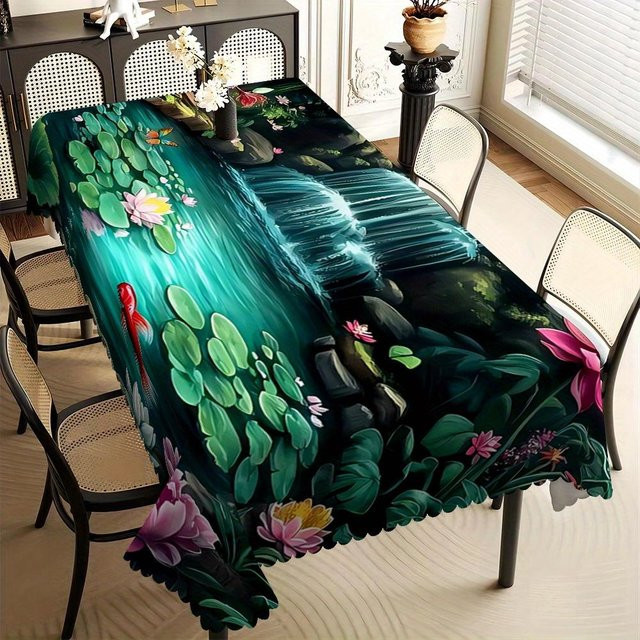 Schmutzabweisende Tischdecke von JMG Household Supplies mit Seerosen-Teich, Koi und Wasserfall Motiv, quadratisch, Mehrfarbig, B/B: 140 x 140 cm - Bild 1