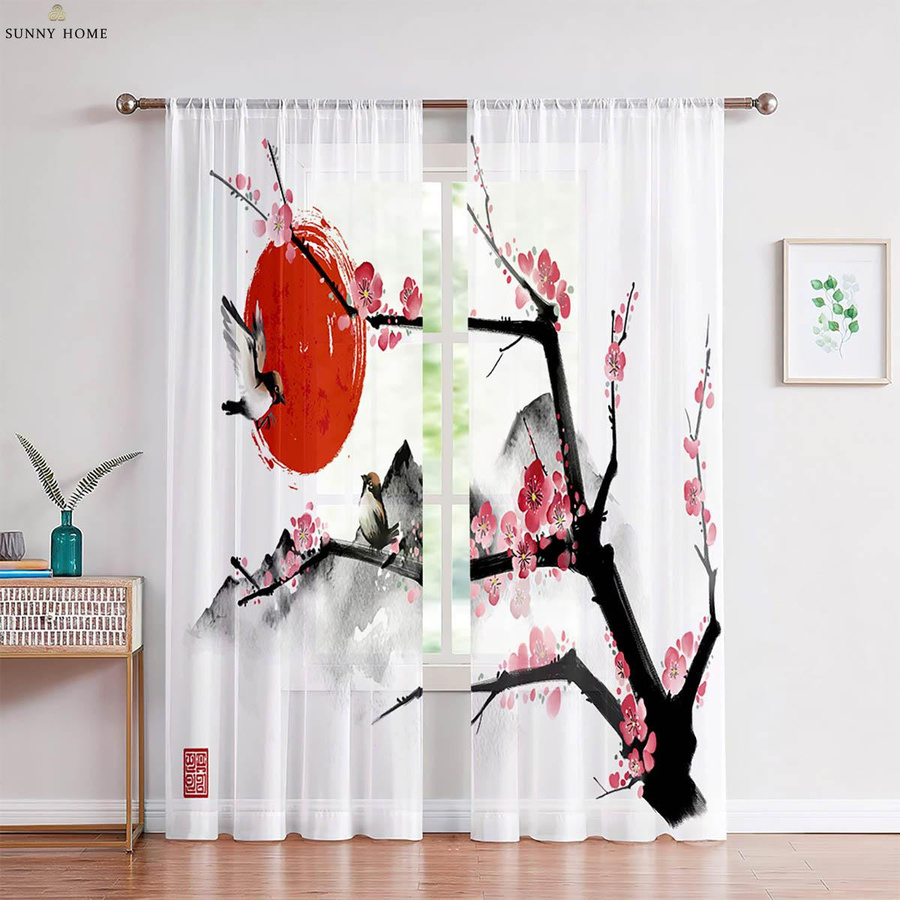 2er-Set dekorative Vorhänge mit Landschaftstuschemalerei in Schwarzweiß, halbtransparent, Breite: 50 cm, Höhe: 140 cm - Bild 1