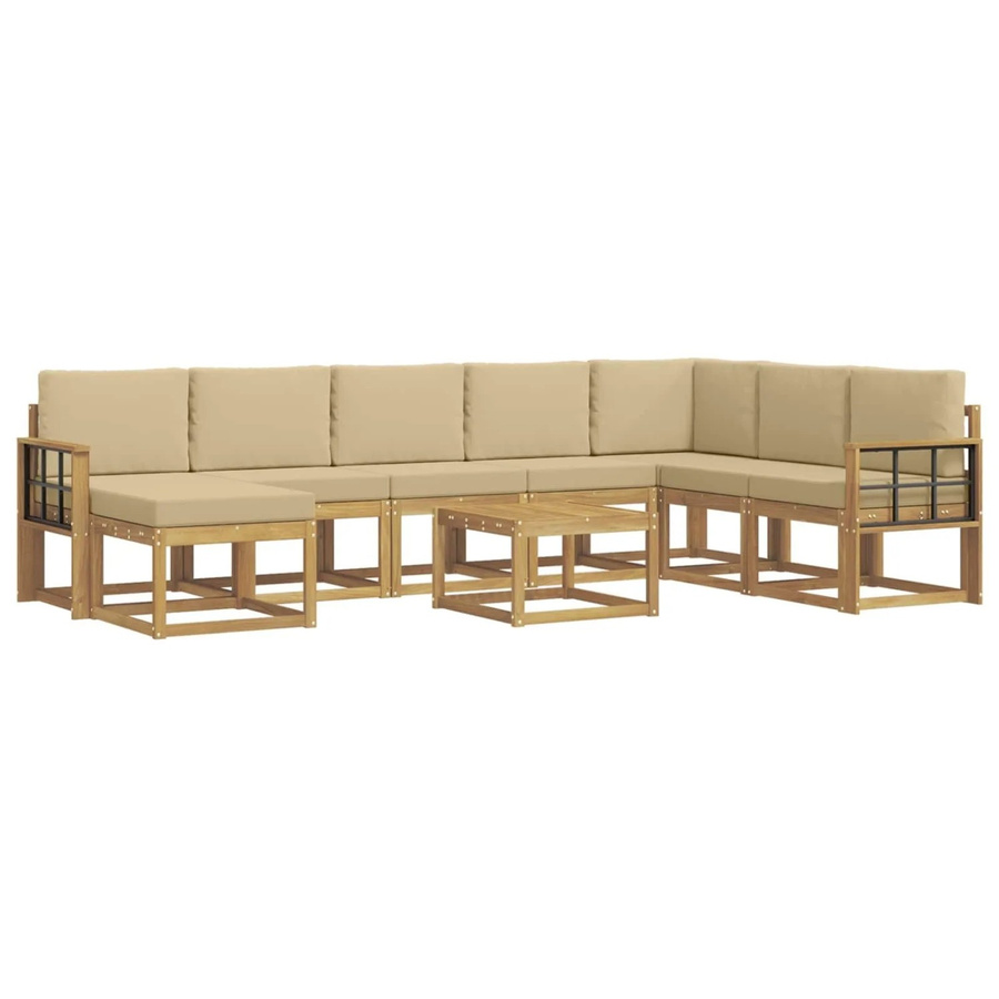 vidaXL Outdoor-Sofagarnitur 9-tlg. aus Akazienholz in L-Form mit Kissen und Couchtisch, Weiß und Beige - Bild 2
