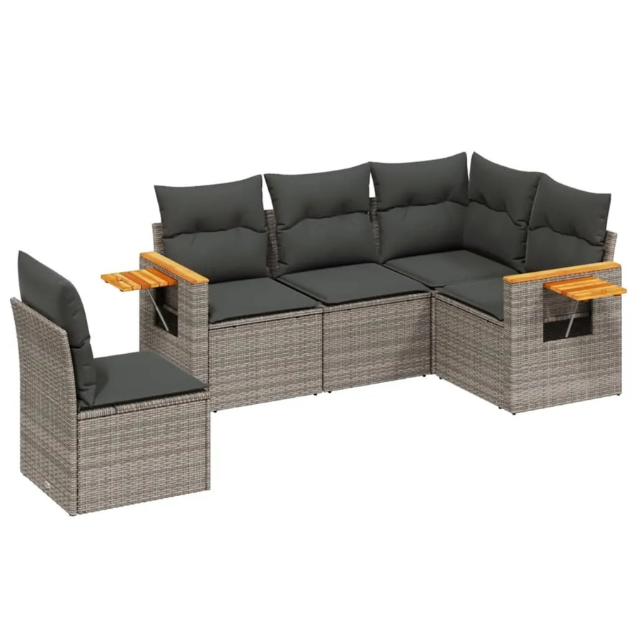 vidaXL 5-teilige Garten-Sofagarnitur in L-Form aus Poly-Rattan und Akazienholz in Grau mit Kissen und Stauraum - Bild 2